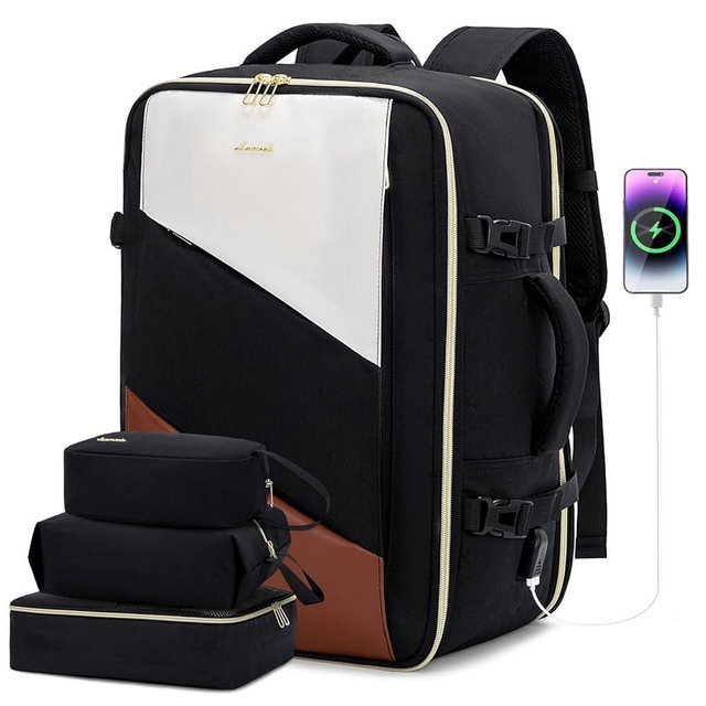 LOVEVOOK Carry on Travel Backpack, Large 40L for Men & Women Flight Approved with USB Charging Port&3 Packing Cubes, Large Suitcase Water Resistant Luggage Daypack Busi, Beige-Black