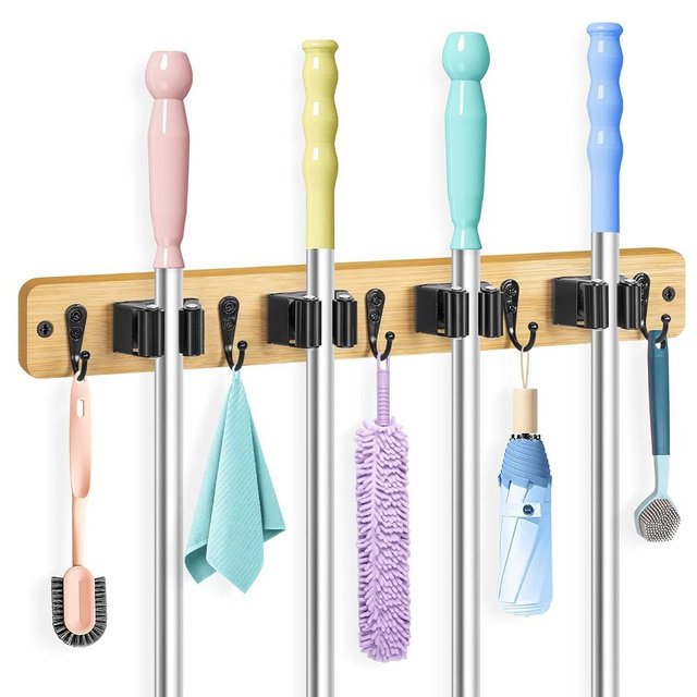 IMILLET Mop and Broom Holder Wall Mount, Bamboo Broom Hanger with 4 Racks and 5 Hooks, Laundry Room Decor, Self Adhesive Over the Door Broom Organizer, Wall Organizer for Home Garage Closet (1 Pack)