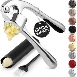 Zulay Kitchen Premium Garlic Press Set - Rust Proof & Dishwasher Safe Professional Garlic Mincer Tool - Easy-Squeeze, Easy-Clean with Soft, Ergonomic Handle - Silicone Garlic Peeler & Brush (Chrome)