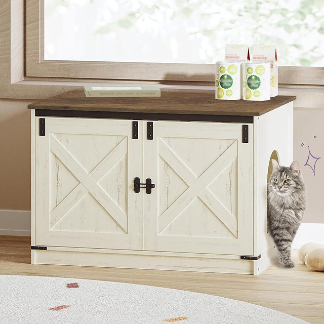 Hzuaneri Cat Litter Box Enclosure with Cushion, Hidden Litter Box Furniture with Removable Dividers, Reversible Entrance Left or Right Side, Cat House, Rustic White and Brown CB84614X