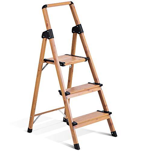 Delxo Lightweight Aluminum Woodgrain 3 Step Ladder Folding Step Stool Stepladders Home and Kitchen Step Ladder Anti-Slip Sturdy and Wide Pedal Ladders 330lbs Capacity Space Saving (3 feet)