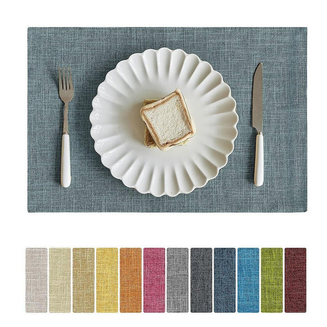 Softalker Faux Linen Placemats Set of 6-12 x 18 Inch, Heat Resistant Double Layered Durable Burlap Farmhouse Place Mats, Non-Slip Washable Rustic Table Mats for Dining, Kitchen, Party（Light Blue