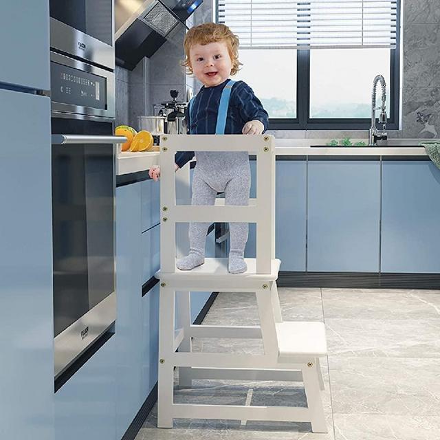Popin Lover Kitchen Step Stool for Kids and Toddlers with Safety Rail, White Kids Step Stool Standing Tower Stool for Bathroom& Kitchen