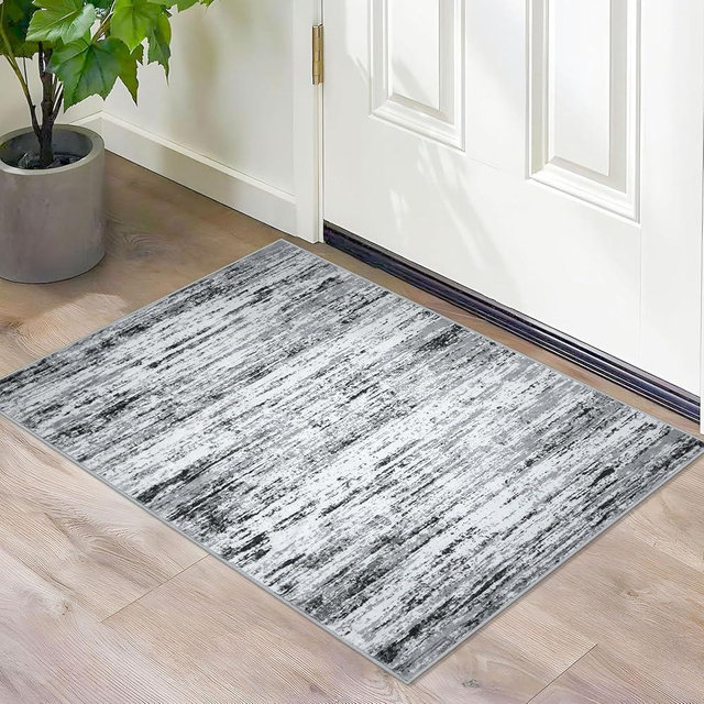 Lansny Modern Abstract Entryway Rug Indoor 2x3 Washable Rug Non-Slip Soft Small Area Rug Black Grey White Kitchen Mats Thin Print Faux Wool Floor Carpet Throw Rugs for Entrance Bedroom Home Decor
