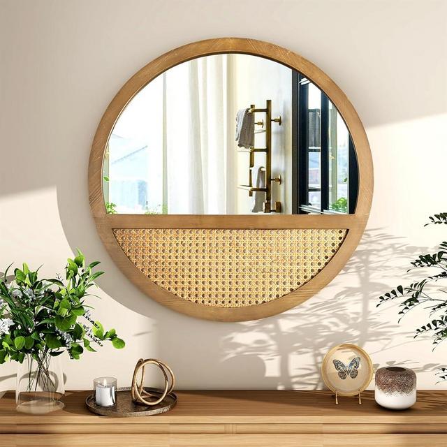 THKSHOUZ Rattan Round Mirror 24 Inch Wall Mirror for Living Room Decor Wooden Framed Mirror Vintage Hanging Mirror Hand-Woven Mirror for Wall Art Decoration