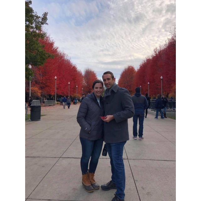 2018-One of our first walks by the red leaves by Millennium Park. It's a tradition we do every year.