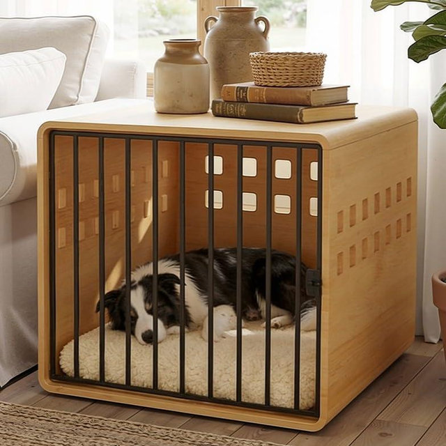 DAWNSPACES Solid Wooden Furniture Dog Crate for Medium & Small Dogs, Wooden Puppy Crate Table, Small Decorative Dog Kennel Indoor, Pet House End Table for Living Room, Bedroom Natural