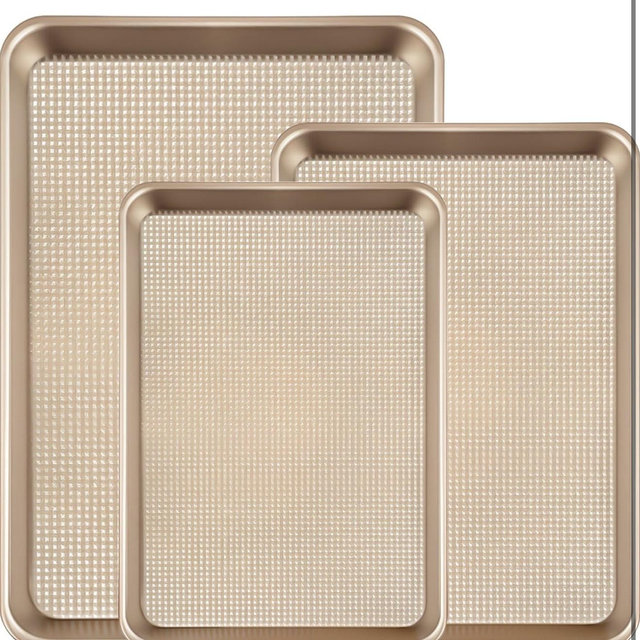 Vinino Baking Sheet Set of 3, Cookie Sheets For Baking with Square Texture Pattern, Thicker Carbon Steel Non-stick Baking Pan Half/Quarter/Jelly Roll Pans Tray for Oven