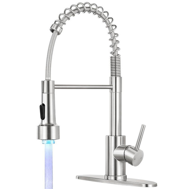 KHQF Kitchen Faucet with LED Pull Down Sprayer,Commercial Single Handle Stainless Steel Kitchen Faucets with Deck Plate (Brush Nickel)
