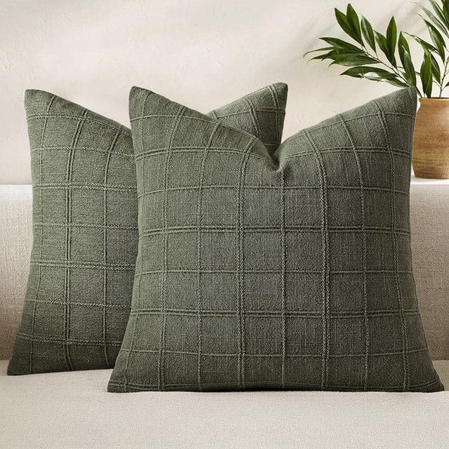Woaboy Linen Check Throw Pillow Covers Set of 2 - Olive Green Farmhouse Modern Boho Vintage Decorative Cushion Covers Spring Home Decor for Sofa Couch Bedroom Living Room 22x22 Inch