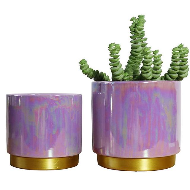 Ceramic Planter for Plants with Drainage Hole, 6.0 inch+5.0 Inch Flower Pot, Rainbow Purple Glazed, Indoor-Outdoor Large Round Succulent Orchid Pots Set…