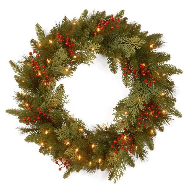 National Tree 24 Inch Feel Real Classical Collection Wreath with 8 Red Berries, 8 Cedar Leaves and 50 Battery Operated Warm White LED Lights with Timer (PECC3-300-24WB1)