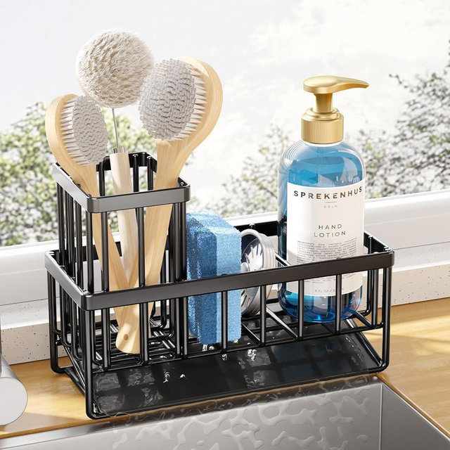 Kitsure Sponge Holder for Kitchen Sink - Stainless Steel Sink Caddy, Kitchen Sink Organizer with Brush Holder, Multi-Functional Sponge Holder for Kitchen, 7.9" x 3.7" x 6.2", Black