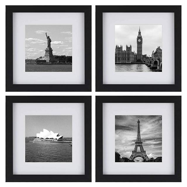 ONE WALL Tempered Glass 8x8 Picture Frame Set of 4, Black Wood Frame with Mats Display 5x5, 4x4 Photo for Wall and Tabletop - Mounting Hardware Included