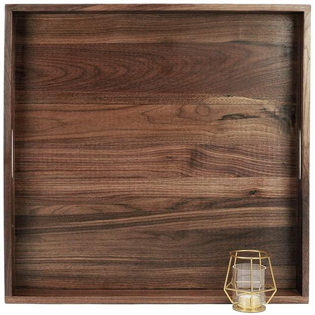 MAGIGO 22 x 22 Inches Large Square Black Walnut Wood Ottoman Tray with Handles, Serve Tea, Coffee or Breakfast in Bed, Classic Wooden Decorative Serving Tray