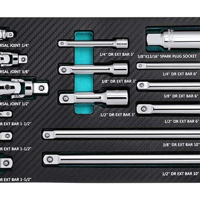 DURATECH 22-Piece Drive Tool Accessory Set, Including 1/4 3/8 1/2 Extension Bars, Socket Adapters, Universal Joints, Spark Plug Sockets, Professional Socket Accessories, Cr-V Steel, EVA Foam Package
