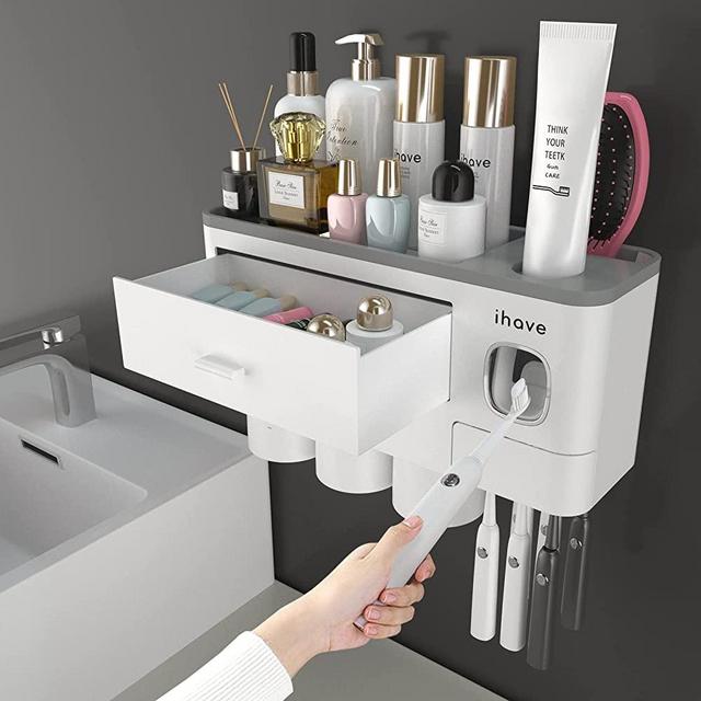 iHave Toothbrush Holders for Bathrooms, 3 Cups Toothbrush Holder Wall Mounted with Toothpaste Dispenser, Large Capacity Tray, Cosmetic Drawer and 6 Brush Slots with Cover Tooth Brush Holder