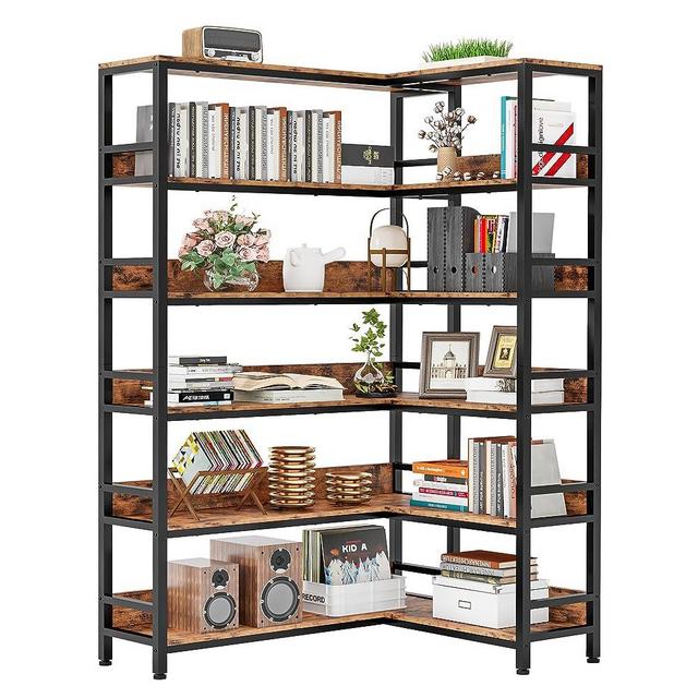 IRONCK Industrial Bookshelves 6 Tiers Corner Bookcases with Baffles Etagere Shelf Storage Rack with Metal Frame for Living Room Home Office