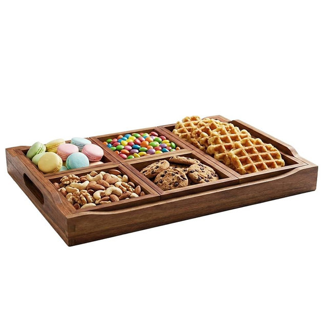 Plusinthebox Serving Tray with 5 Removable Snack Boxes,Acacia Wood Snack Tray for Parties and Entertaining, Movie Night, Coffee Table and Charcuterie Serving