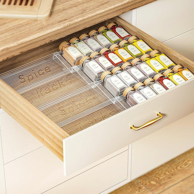 Pantasia Expandable Spice Drawer Organizer 4-Pack, Adjustable Clear Acrylic Spice Rack for Drawer, Ideal for Kitchen Spice Organization, Seasoning Organizer Holds Up to 48 Jars(Jars Not Included)
