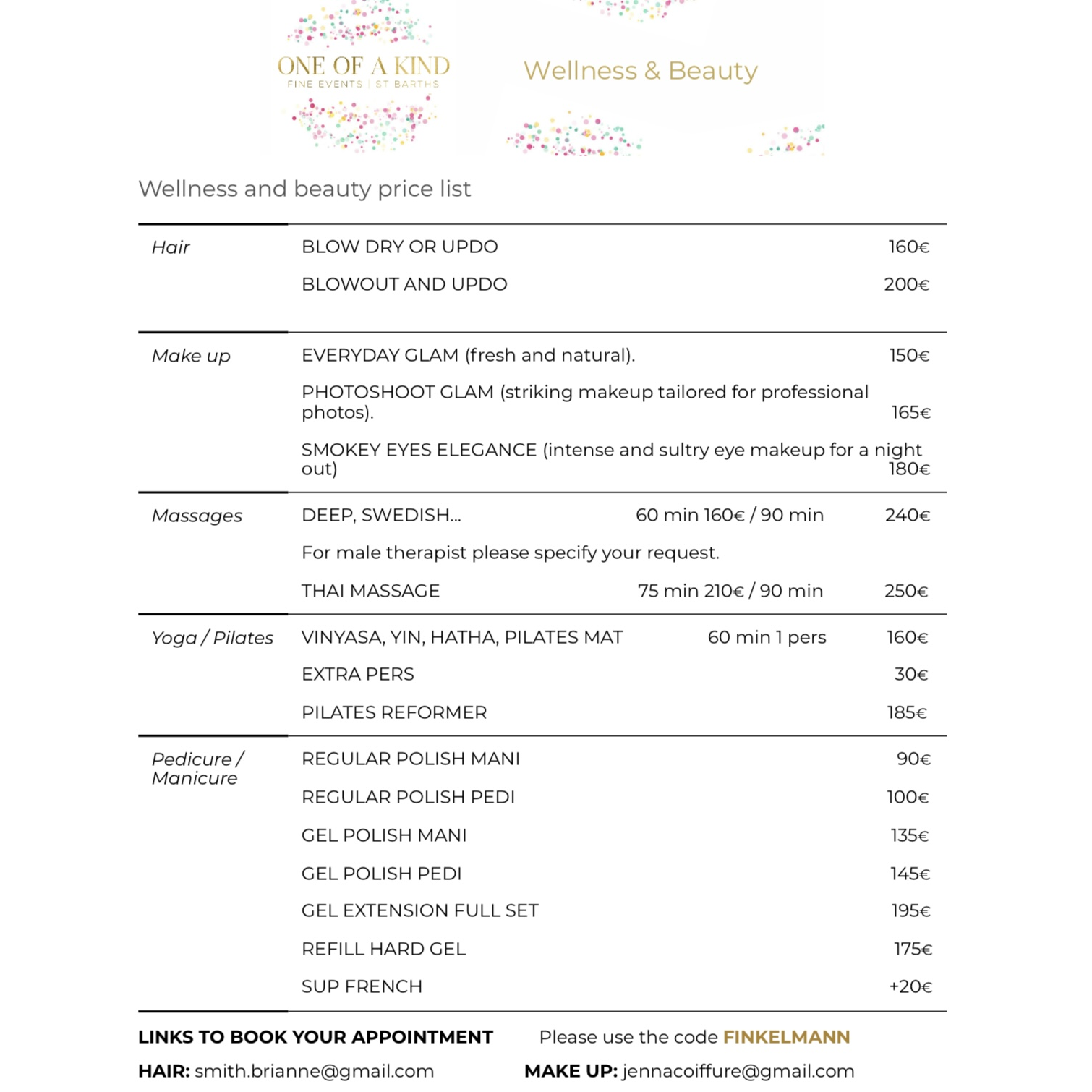 WELLNESS & BEAUTY PRICE LIST