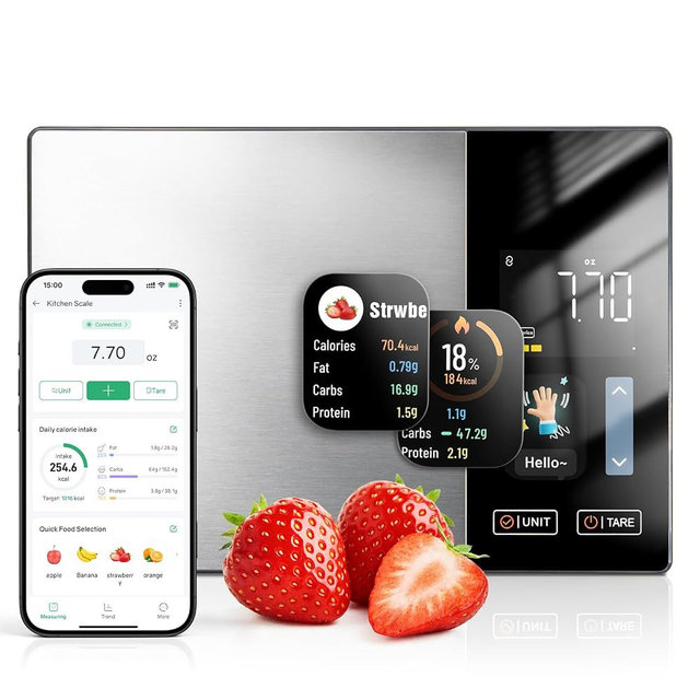 Calaytaly Smart Food Scale with Nutritional Calculator for Kitchen Tracks Calories, Fat, Carbs, Protein & Works with App for Healthy Eating Meal Prep, 50+ Foods & 23 Nutrients Built-in, TFT Display