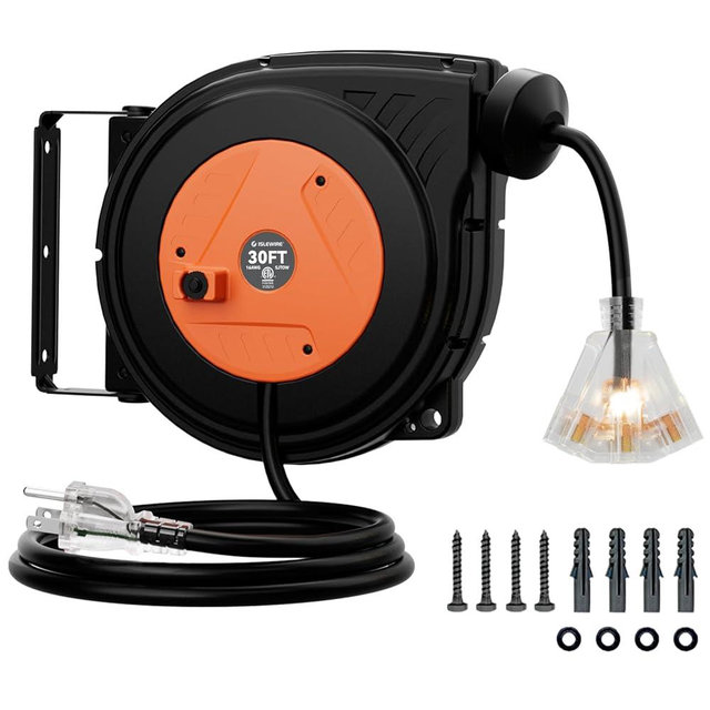 30FT Retractable Extension Cord Reel, 16AWG/3C SJTOW Heavy Duty Power Cord Reel with Lighted Triple Outlets, 10A Circuit Breaker, Lightweight Ceiling/Wall Mount Reel for Garage, ETL Listed, Orange