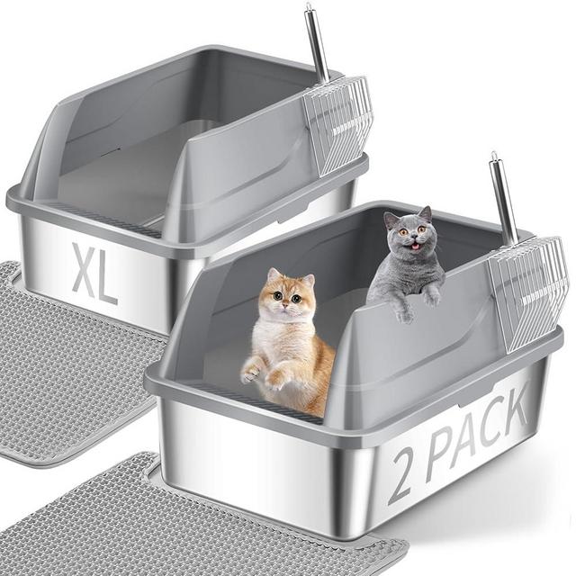 Amibud 2 Pack Stainless Steel Cat Litter Box, Extra Large Steel Litter Boxes for Big Cats, XL Metal Cat Litter Box with Lid,Anti-Urine Leakage, Non-Sticky, Include Cat Mat and Litter Scoop