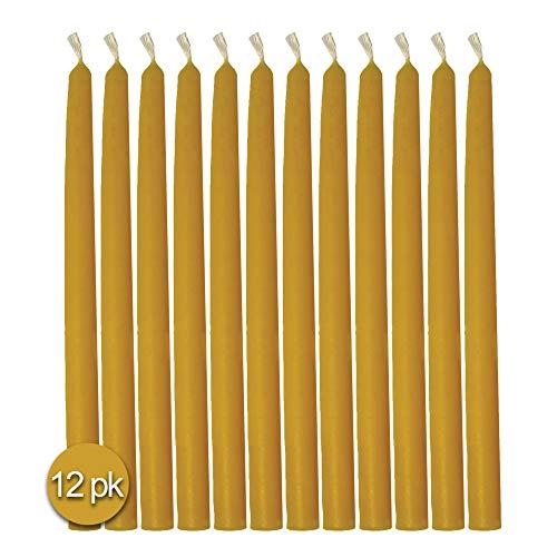 Hyoola 9 Inch Beeswax Taper Candles 12 Pack – Handmade, All Natural, 100% Pure Unscented Bee Wax Candle - Tall, Decorative, Golden Yellow – 5 Hour Burn Time