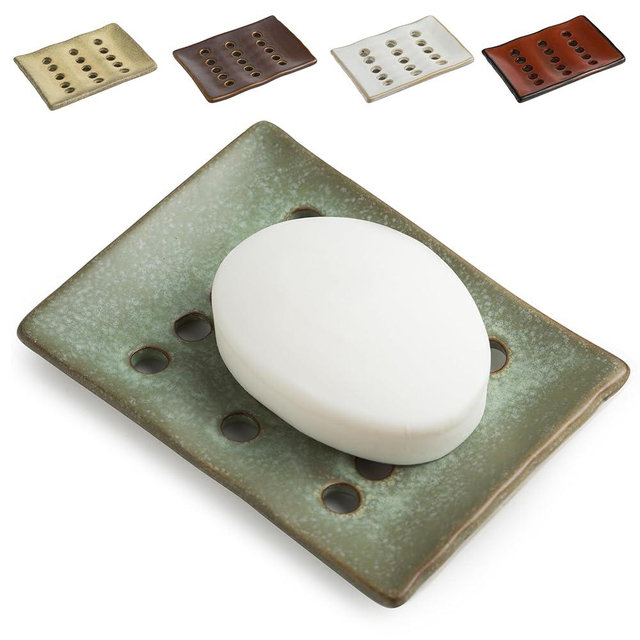 Cormomu Soap Dish for Shower, Ceramic Soap Holder with Self Drain, Soap Saver to Lift Soap Keep Dry, Soap Dishes with Concave Design to Keep Soap Not Slip, Suitable for Kitchen and Bathroom, Green