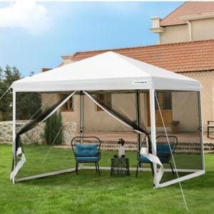 White VIVOHOME 8x8ft Easy Pop-Up Canopy, Outdoor Screen Tent with Mosquito Netting, 2 Zipper Doors, and Roller Bag for Yard Camping Picnic Party Events, White