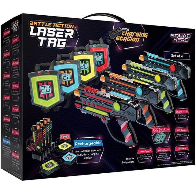 Rechargeable Laser Tag Set + Innovative LCDs and Sync – 4 Infrared Guns & Vests - Gifts for Teens and Adults Boys & Girls - Outdoor Games - Cool Group Activity Family Fun - Gift for Kids Ages 8-12 +