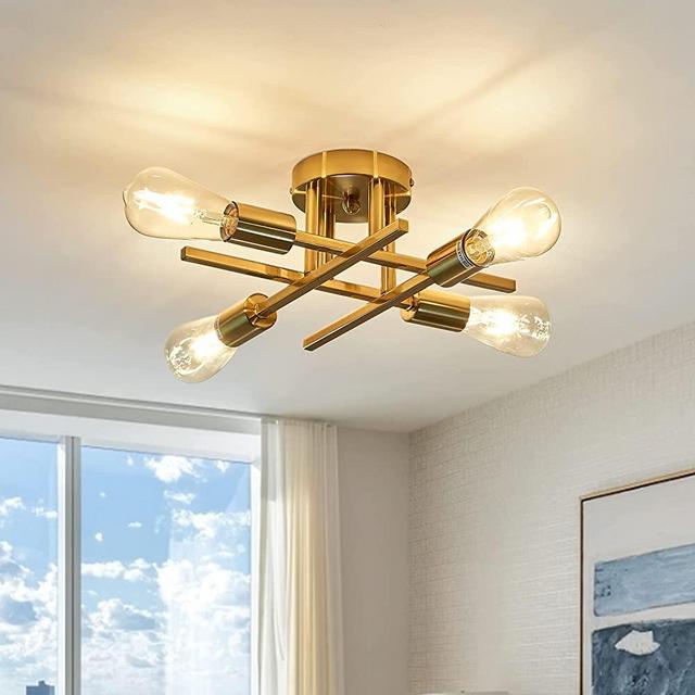 ZGLAOJTModern Semi Flush Mount Ceiling Light Fixture，Golden Metal Chandelier，4-Lights Ceiling Lighting for Farmhouse Kitchen Living Room Dining Room Bedroom