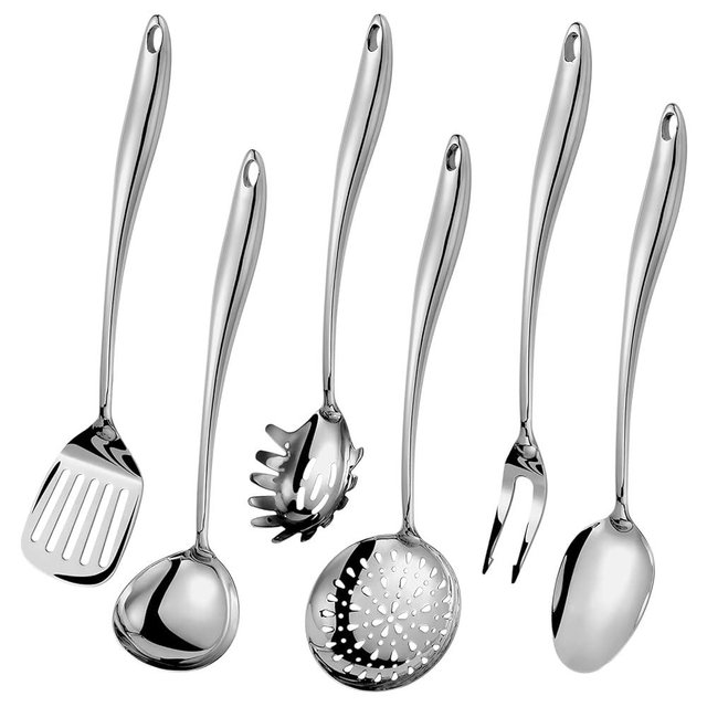 304 Stainless Steel Kitchen Utensils Set, 6 Pcs Long Metal Cooking Utensil with Spatula, Solid Spoon, Ladle, Skimmer, Spaghetti Spoon, Meat Fork, Dishwasher Safe