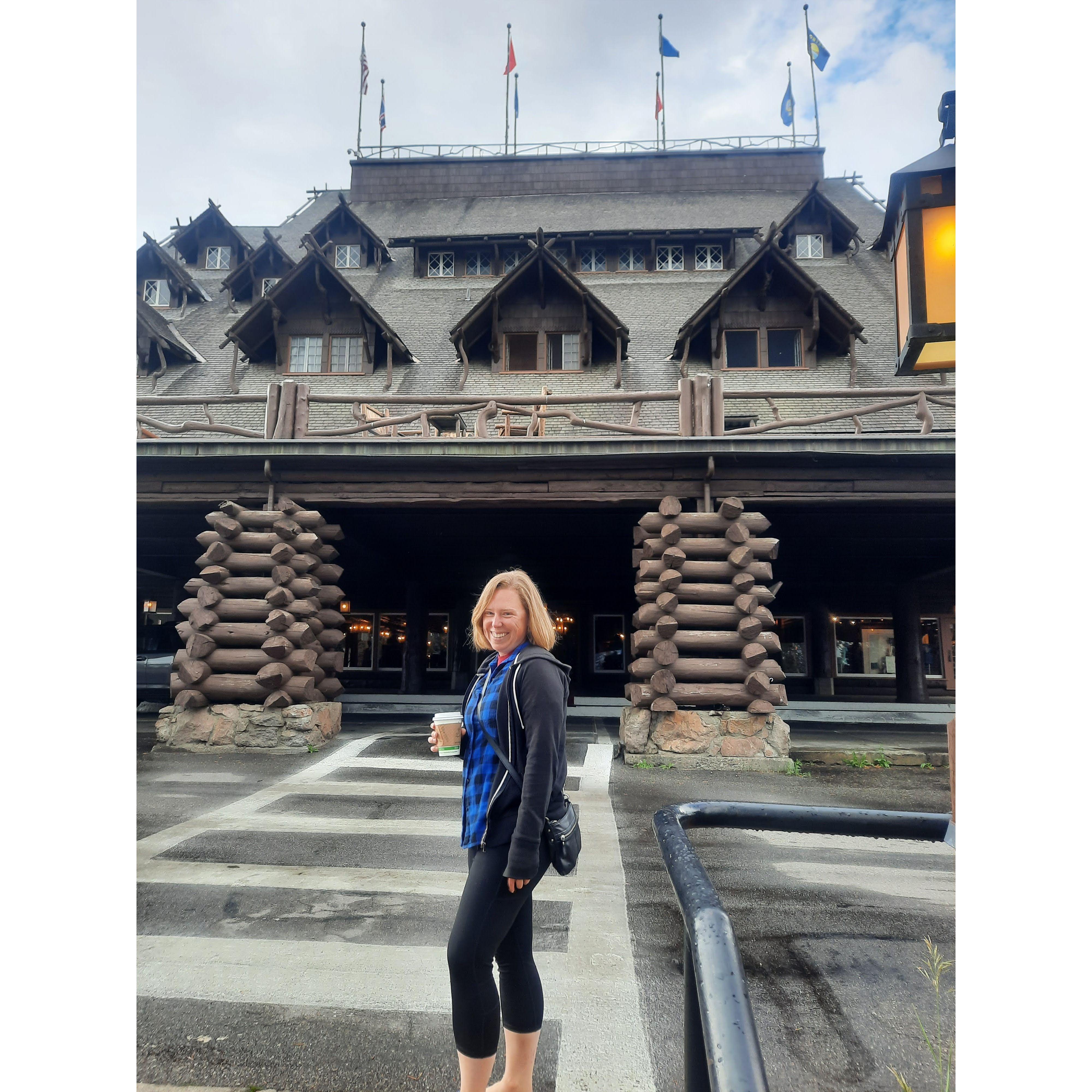 Lynn in front of Old Faithful Inn, coffee in hand :)