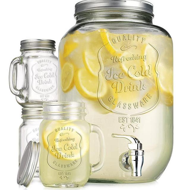 TWI 2.15 Gallon Quality Ice Cold Clear Embossed Glass Jug Beverage Drink Dispenser with Set of 4 Ice Cold Mason Mugs, with Spigot for Easy Filling- for Outdoor, Parties & Daily Use