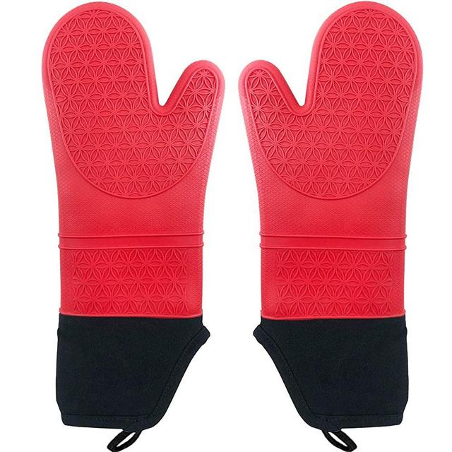 ADINC Oven Gloves Mitts Silicone Heat Resistant - Oven Gloves Extra Long Bread Oven Mitt Pot Holders Kitchen Mittens Cooking Baking Grilling with Soft Quilted Liner Non-Slip (14.5 Inch Red)