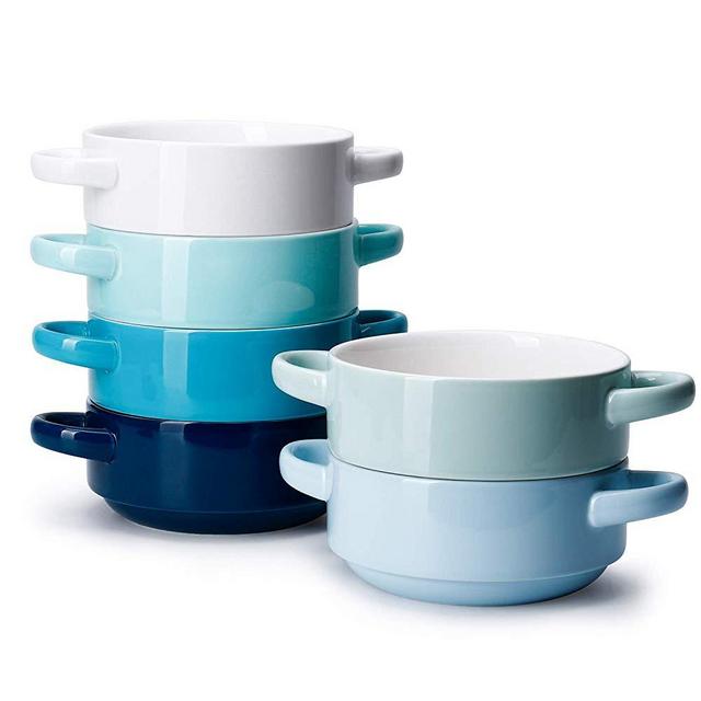 Sweese 108.003 Porcelain Bowls with Handles - 20 Ounce for Soup, Cereal, Stew, Chill, Set of 6, Cool Assorted Colors