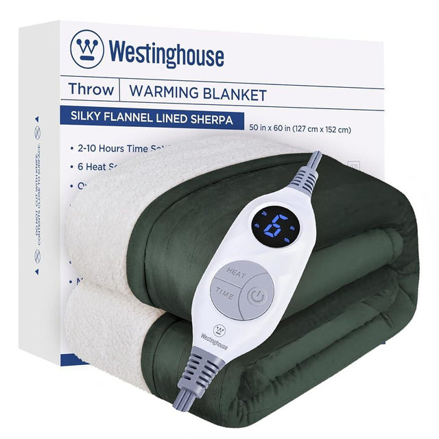 Westinghouse Heated Blanket Throw, Soft Flannel to Sherpa Electric Blanket with 10 Heating Levels, 12 Hours Auto Off, Fast Heating Blanket, Machine Washable, 50x60 Inch, Avocado Green