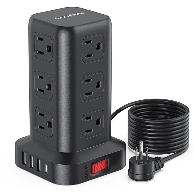 AnnTane Surge Protector Power Strip 10 FT Cord, Power Strip Tower with 4 USB Ports (1USB C), Extension Cord with 12 AC Multiple Outlets, Home Office Supplies Desk Accessories, Dorm Room Essentials