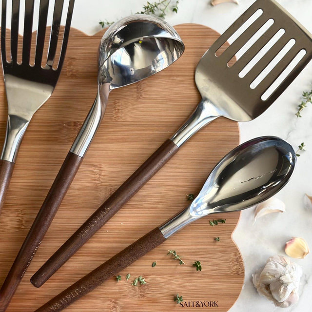 4 Piece Walnut Olive Wood Handle Utensil Set with Stainless Steel | Spoon Ladle Slotted Turner Flexible Spatula, Gift Under 60
