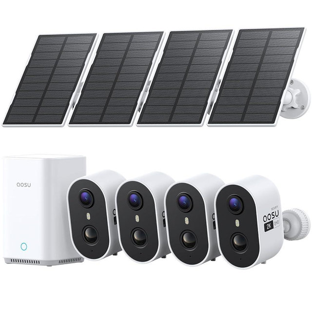 aosu Solar Security Cameras Wireless Outdoor Home System, True 2K HD, Cross-Camera Tracking, PIR + AI Human Detection, Color Night Vision, Local Storage, No Subscription Required, 4-Cam-Kit