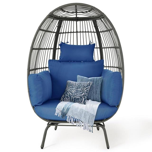 YITAHOME Wicker Egg Chair Outdoor Indoor, Oversized Lounger with 370lbs Capacity Large Egg Chairs with Stand Cushion Egg Basket Chair for Patio, Balcony, Bedroom - Steelblue