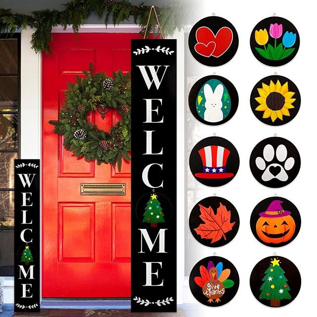 Monjita Welcome Sign for Front Porch Standing, Interchangeable Welcome Standing Sign with 5 Designed Double-Sided Icons for Front Door, All Seasonal Farmhouse Rustic Modern Porch Decor for Fall Harvest Thanksgiving Christmas, 47 x 7.9 Inch Wooden Vertical Indoor Outdoor Sign(Black)