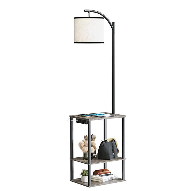 SUNMORY Floor Lamp with Table, Lamps for Living Room with Charging Station(USB & AC Port), Rustic End Table Lamp with Shelves & 3-Color Temperature LED Bulb, Lamp Table for Living Room, Rubber Wood