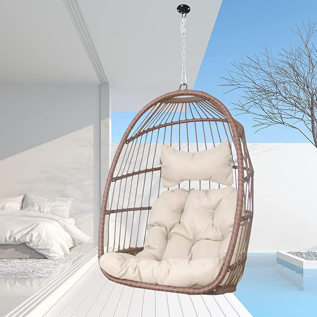 Swing Egg Chair Without Stand Indoor Outdoor Wicker Rattan Patio Basket Hanging Chair with UV Resistant Cushions 265lbs Capaticy for Bedroom Balcony Patio (Without Stand)