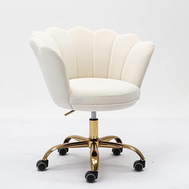 ZOBIDO Comfy Home Office Task Chair with Wheels, Cute Modern Upholstered Velvet Seashell Back Adjustable Swivel Vanity Desk Chair, for Women, for Kids, for Girls, Living Room, Bedroom (White)