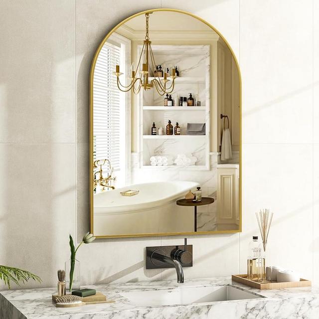 Arch Bathroom Mirror, 20x30 Inch - Wall Mounted Vanity Mirror with Aluminum Alloy Frame - Ideal for Living Room, Bedroom, Bathroom, and Entryway, Hanging or Leaning, Gold