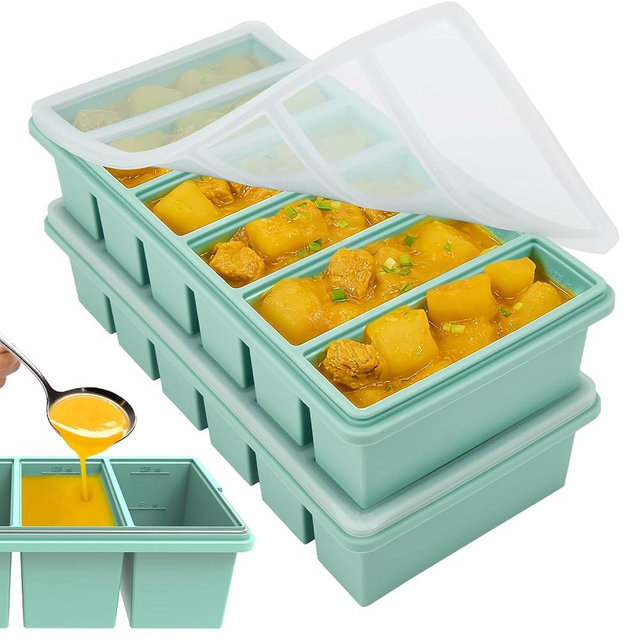 1/2 Cup Silicone Freezer Molds with Lid, Soup Container Style Ice Cube Trays for Freezer - Reinforced Steel Ring Top for freezing Soup Sauce Broth Leftovers, Dishwasher & Oven Safe, BPA Free 2 Pack