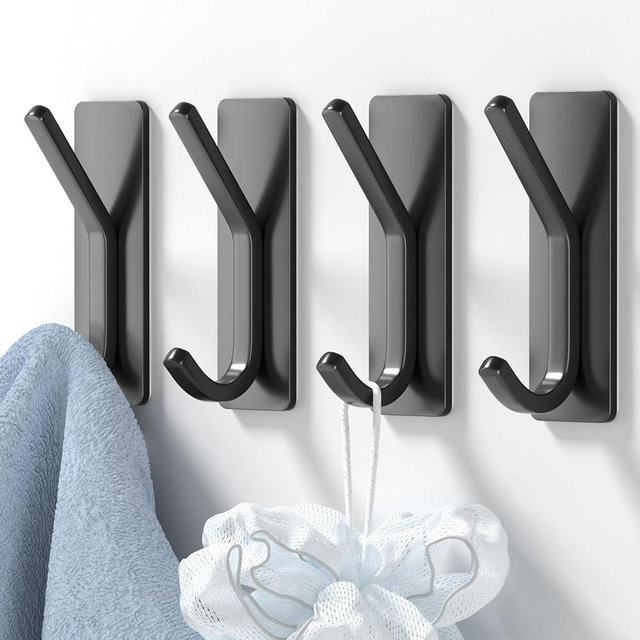 GWAAZXGZ Adhesive Towel Hooks for Wall - 4 Pack Matte Black Stick on Hooks, Bathroom Shower Hangers for Robes, Coats, Removable Self Adhesive Design to Organize Kitchen, Bedroom, Closet, Dorm